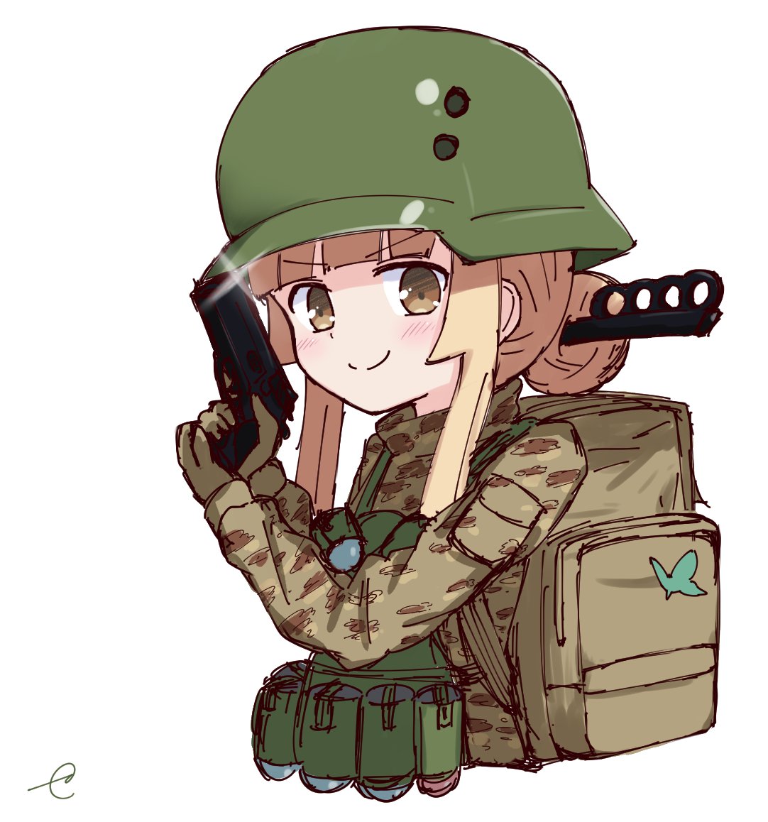>:), 1girl, backpack, bag, bangs, blonde_hair, blunt_bangs, blush