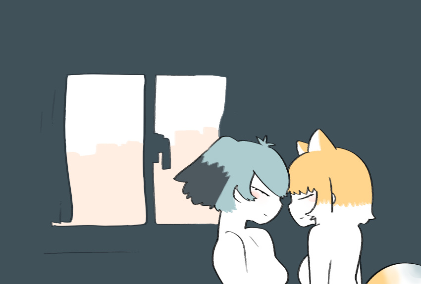 1koma, 2girls, animal_ears, bangs, black_hair, blush_stickers, closed_eyes, closed_mouth
