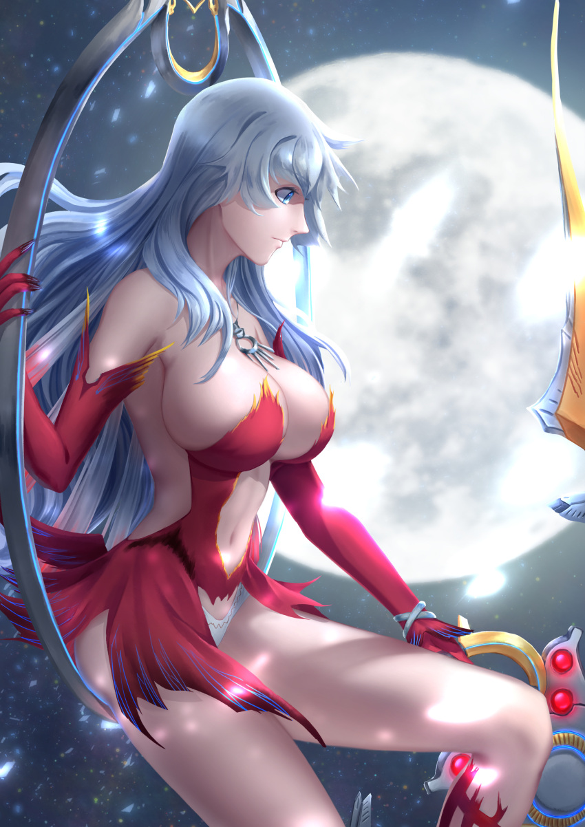 1girl, absurdres, airysher, artemis_(fate/grand_order), blue_eyes, breasts, commentary_request, dress, elbow_gloves, fate/grand_order, fate_(series), full_moon, gloves, highres, hoop, huge_breasts, long_hair, looking_away, moon, navel, night, night_sky, red_dress, red_gloves, revealing_clothes, short_dress, silver_hair, sitting, sky, solo, very_long_hair