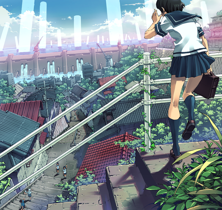 back, bag, black_hair, cd_cover, cityscape, cloud, clouds, cover