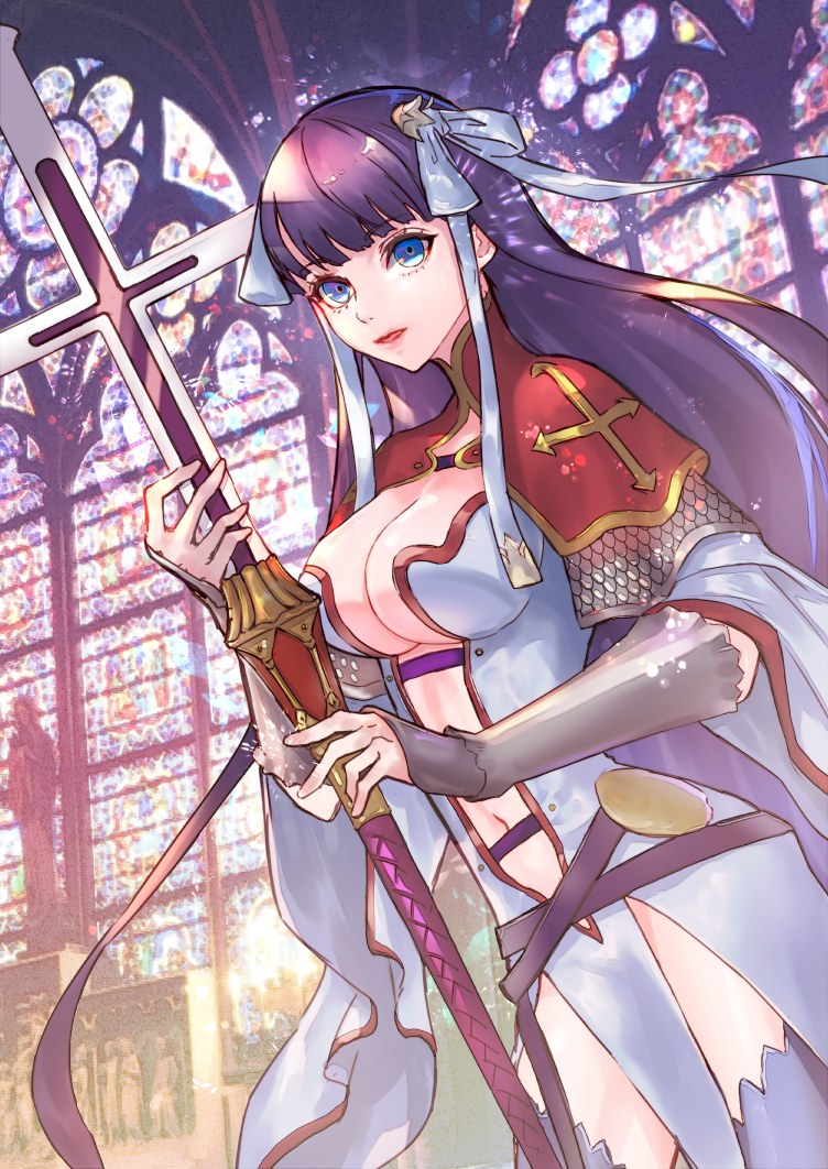 1girl, blue_eyes, breasts, capelet, chainmail, church, cleavage, commentary_request, cross, dress, fate/grand_order, fate_(series), fingerless_gloves, gloves, hair_ribbon, holding, holding_staff, large_breasts, long_hair, looking_at_viewer, navel, num_(zombie_headline), purple_hair, red_capelet, ribbon, saint_martha, solo, staff, stained_glass, statue, thigh-highs, very_long_hair, white_dress, white_ribbon