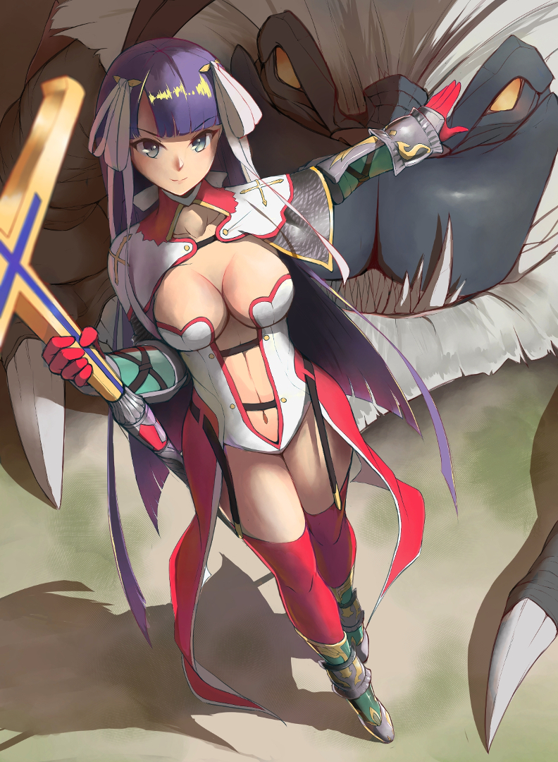 1girl, armored_boots, bangs, blue_eyes, blunt_bangs, boots, breasts, capelet