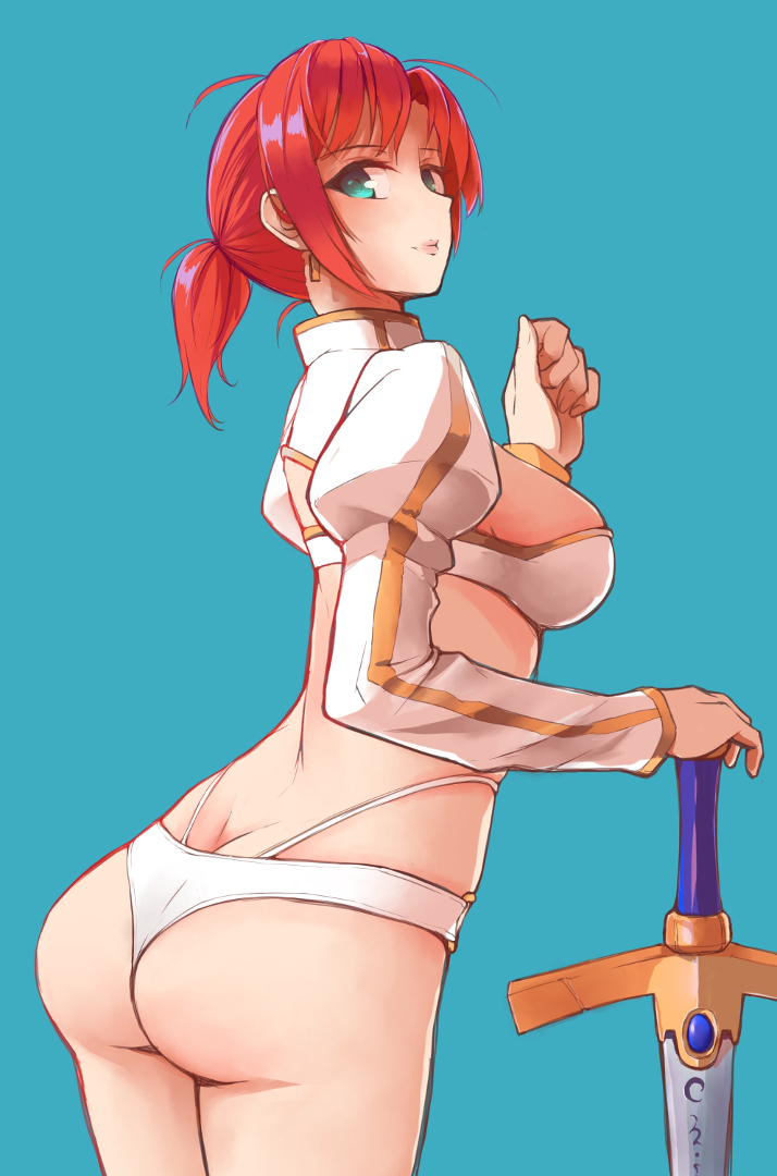 1girl, ass, bikini, blue_background, blue_eyes, boudica_(fate/grand_order), breasts, butt_crack