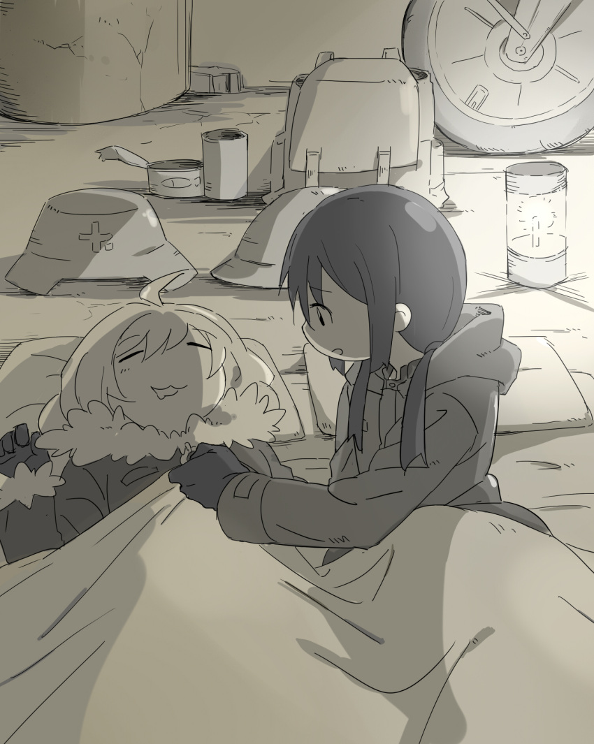2girls, :3, ahoge, backpack, backpack_removed, bag, black_hair, brodie_helmet, can, canned_food, chito_(shoujo_shuumatsu_ryokou), drooling, fur_trim, gloves, headwear_removed, helmet, helmet_removed, highres, lantern, military, military_uniform, multiple_girls, sepia, shoujo_shuumatsu_ryokou, sleeping, stahlhelm, tucking_in, under_covers, uniform, yoshimi_(yasinatongren), yuuri_(shoujo_shuumatsu_ryokou)