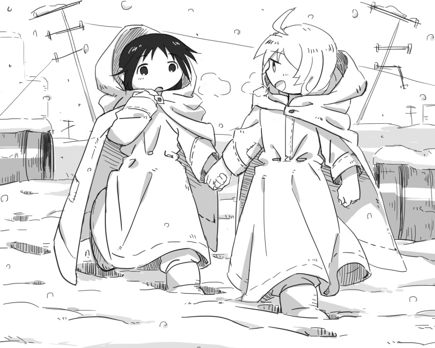 ahoge, black_hair, breath, chito_(shoujo_shuumatsu_ryokou), cloak, greyscale, hand_holding, highres, hood, hooded_cloak, monochrome, shoujo_shuumatsu_ryokou, snow, snowing, yoshimi_(yasinatongren), younger, yuuri_(shoujo_shuumatsu_ryokou)