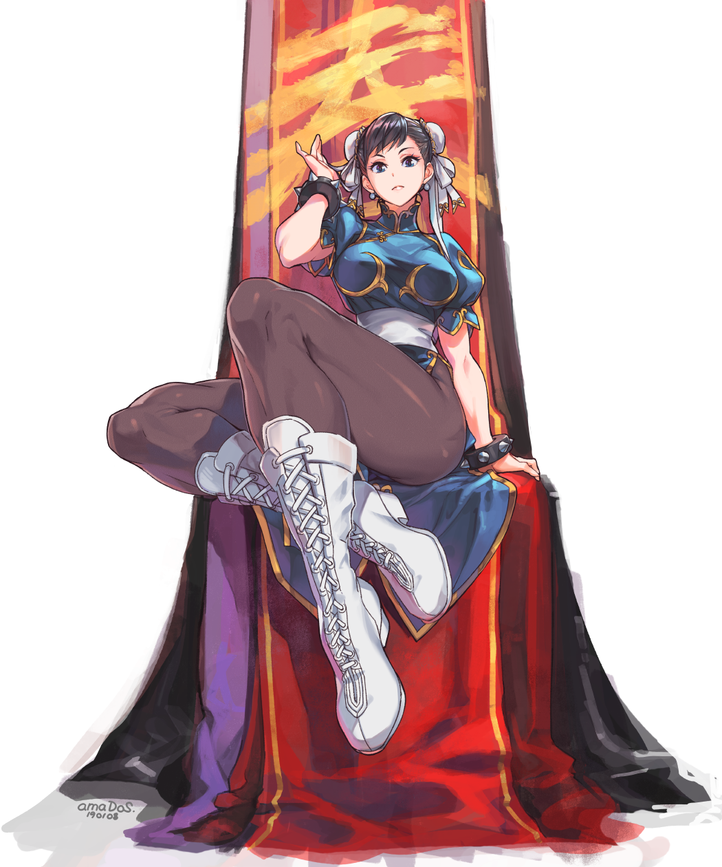 amados, blue_dress, boots, bracelet, brown_eyes, brown_hair, bun_cover, capcom