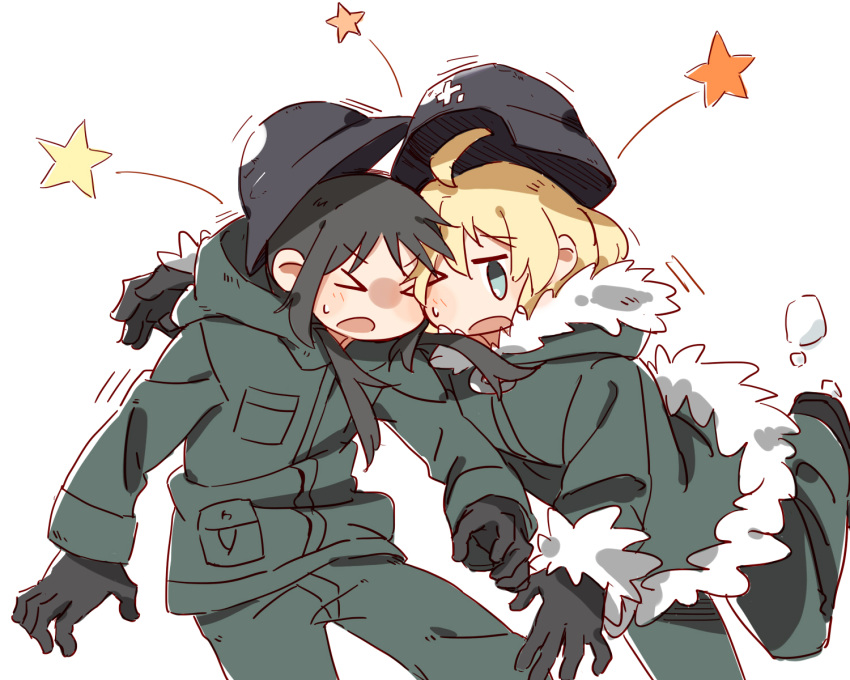 >_<, 2girls, ahoge, black_hair, blonde_hair, brodie_helmet, chito_(shoujo_shuumatsu_ryokou), collision