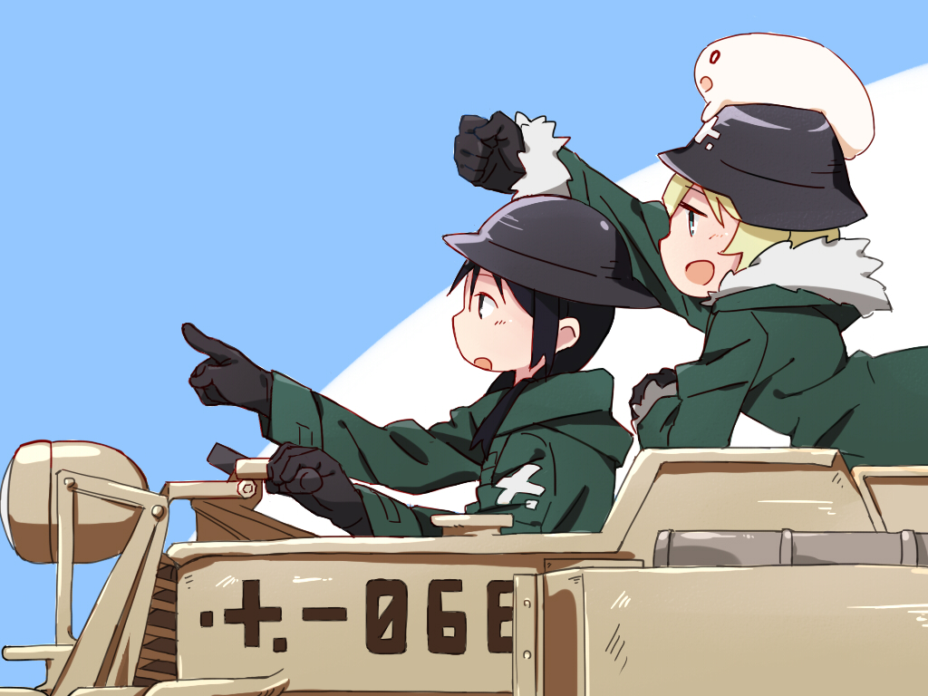 2girls, black_hair, blonde_hair, blue_eyes, brodie_helmet, chito_(shoujo_shuumatsu_ryokou), creature_on_head, fur_trim