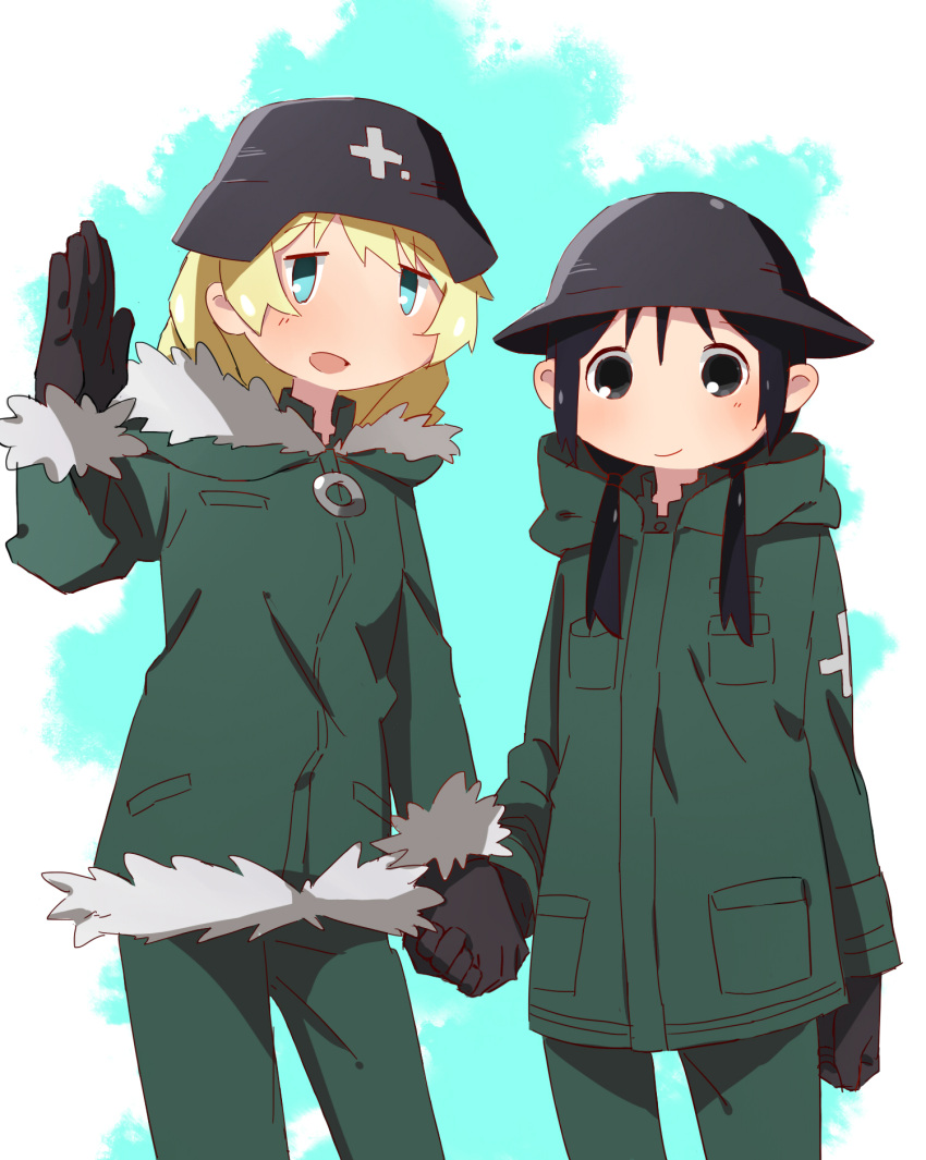 2girls, black_eyes, black_hair, blonde_hair, blue_eyes, brodie_helmet, chito_(shoujo_shuumatsu_ryokou), fur_trim
