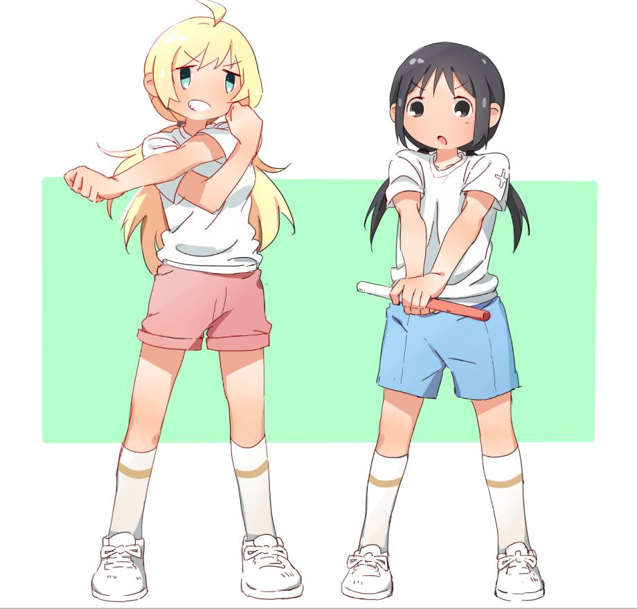 2girls, ahoge, aqua_eyes, black_eyes, black_hair, blonde_hair, chito_(shoujo_shuumatsu_ryokou), contemporary, eyebrows_visible_through_hair, full_body, gym_uniform, holding, kneehighs, long_hair, multiple_girls, relay_baton, shirt, short_shorts, shorts, shoujo_shuumatsu_ryokou, simple_background, stretch, t-shirt, twintails, yoshimi_(yasinatongren), yuuri_(shoujo_shuumatsu_ryokou)