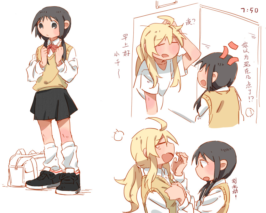 2girls, ahoge, anger_vein, black_hair, blonde_hair, chinese, chito_(shoujo_shuumatsu_ryokou), comic