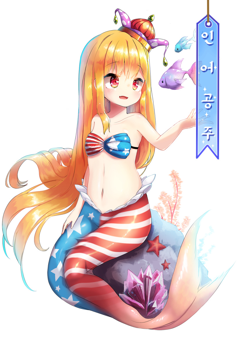 1girl, akisha, alternate_headwear, american_flag_bikini_top, bangs, bare_arms, bare_shoulders, blonde_hair