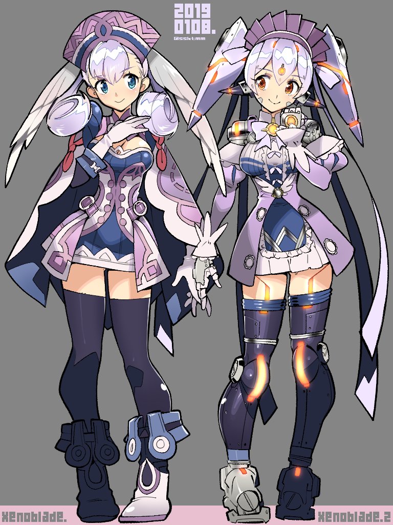 2girls, android, blue_eyes, blush, breasts, cape, curly_hair, elbow_gloves
