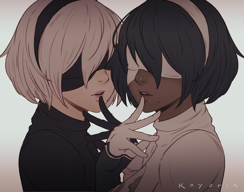 2girls, alternate_color, artist_name, black_blindfold, black_hair, black_hairband, blindfold, dark_skin