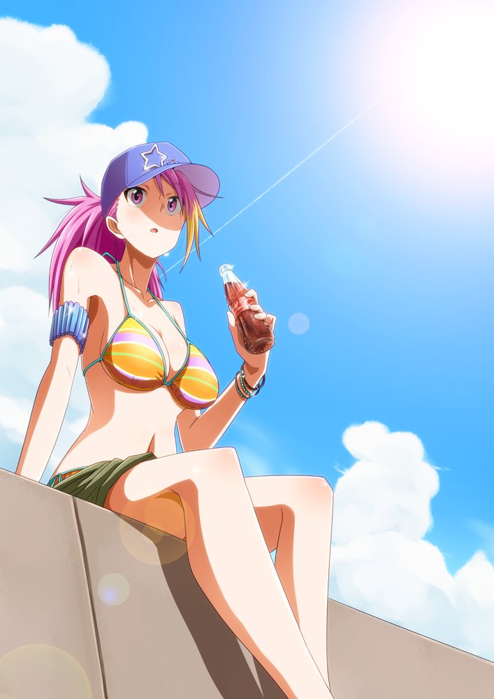 1girl, arm_support, armband, baseball_cap, bikini, blue_sky, bracelet, breasts, cleavage, clouds, green_shorts, hat, hige_(com), idolmaster, idolmaster_million_live!, jewelry, large_breasts, lens_flare, long_hair, maihama_ayumu, navel, pink_hair, ponytail, shaded_face, shorts, sky, soda_bottle, solo, strap_gap, striped, striped_bikini, sweat, swimsuit, swimsuit_under_clothes
