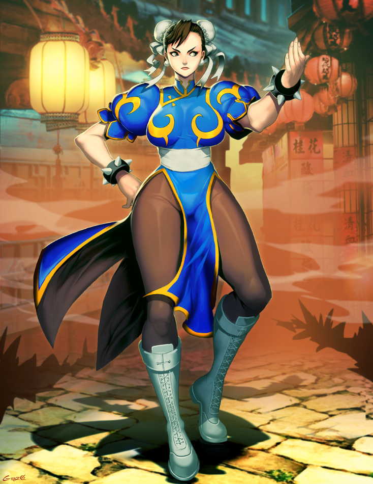 1girl, architecture, blue_dress, boots, bracelet, breasts, brick_road, brown_eyes, brown_hair, brown_legwear, bun_cover, capcom, china_dress, chinese_clothes, chun-li, closed_mouth, commentary, cross-laced_footwear, double_bun, dress, earrings, east_asian_architecture, genzoman, hand_on_hip, jewelry, legs, pantyhose, pelvic_curtain, puffy_short_sleeves, puffy_sleeves, road, sash, short_sleeves, side_slit, sky_lantern, spiked_bracelet, spikes, standing, street, street_fighter, thick_thighs, thighs, white_footwear