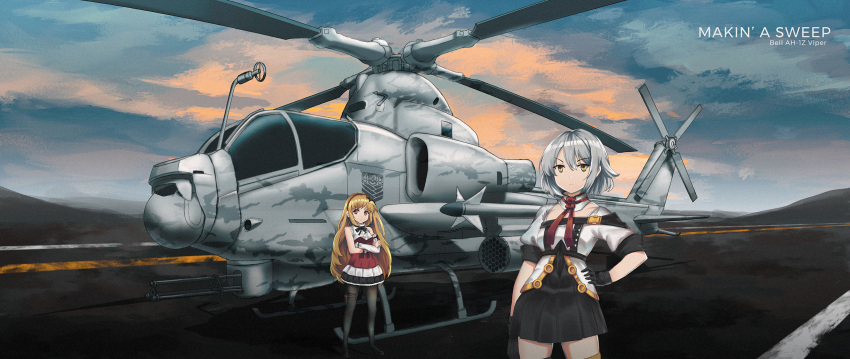 2girls, aircraft, arm_warmers, bangs, black_gloves, black_legwear, blonde_hair, clouds