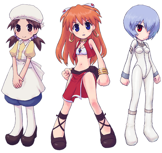 apron, ayanami_rei, bandeau, bandeau_bikini, bare_shoulders, bloomers, blue_eyes, blue_hair, bracelet, brown_eyes, brown_hair, chibi, cosplay, covering_eyes, cross-laced_footwear, earrings, electra, electra_(cosplay), emoncake., freckles, fushigi_no_umi_no_nadia, hair_ornament, hair_over_eyes, hair_over_one_eye, hairclip, hat, horaki_hikari, ikolina, ikolina_(cosplay), jewelry, loincloth, long_hair, midriff, nadia, nadia_(cosplay), neck_ring, necklace, neon_genesis_evangelion, pantyhose, parody, plugsuit, red_eyes, red_hair, redhead, sandals, shoes, short_hair, simple_background, souryuu_asuka_langley, tubetop, twintails, vest