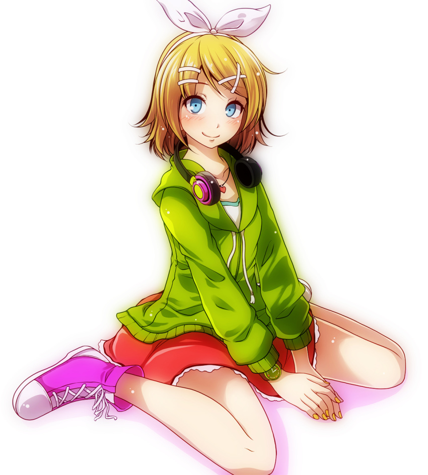 1girl, bare_legs, blonde_hair, blue_eyes, blush, bow, collarbone, green_hoodie, hair_bow, hair_ornament, hairclip, headphones, headphones_around_neck, heart, heart_necklace, highres, hood, hoodie, kagamine_rin, kneeling, looking_at_viewer, melancholic_(vocaloid), melancholy_(module), miniskirt, nail_polish, pink_footwear, pink_skirt, project_diva_(series), shoes, short_hair, sitting, skirt, smile, sneakers, solo, tsukishiro_saika, vocaloid, wariza, watch, yellow_nails