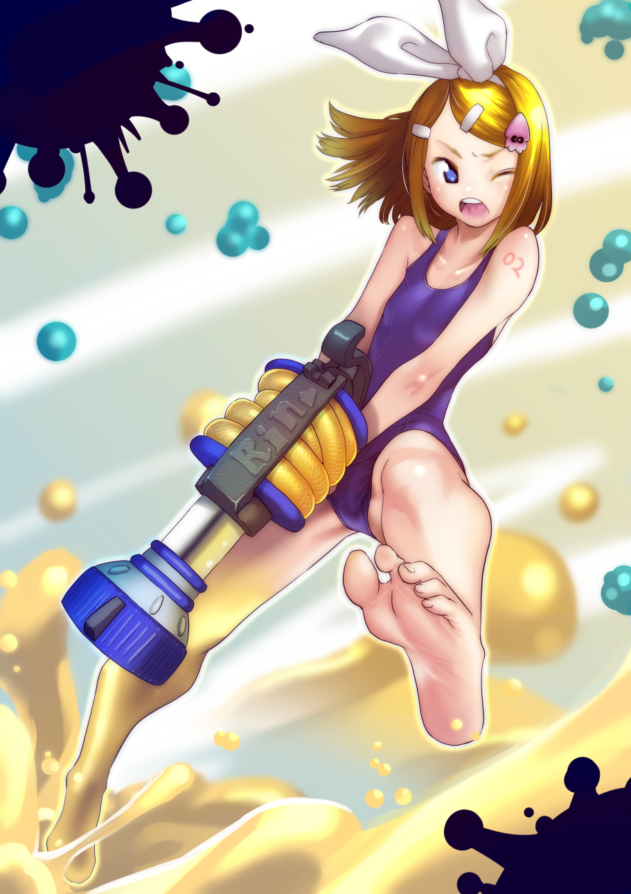 >;o, 1girl, animal_hair_ornament, arm_tattoo, bare_arms, bare_shoulders, barefoot, blonde_hair, blue_eyes, blue_swimsuit, collarbone, crossover, feet, flat_chest, foreshortening, gun, h-3_nozzlenose_(splatoon), hair_ornament, hairclip, highres, holding, holding_gun, holding_weapon, kagamine_rin, number_tattoo, one-piece_swimsuit, one_eye_closed, open_mouth, paint_splatter, short_hair, soles, soon, splatoon, splatoon_(series), splatoon_2, squid, swimsuit, tattoo, vocaloid, weapon