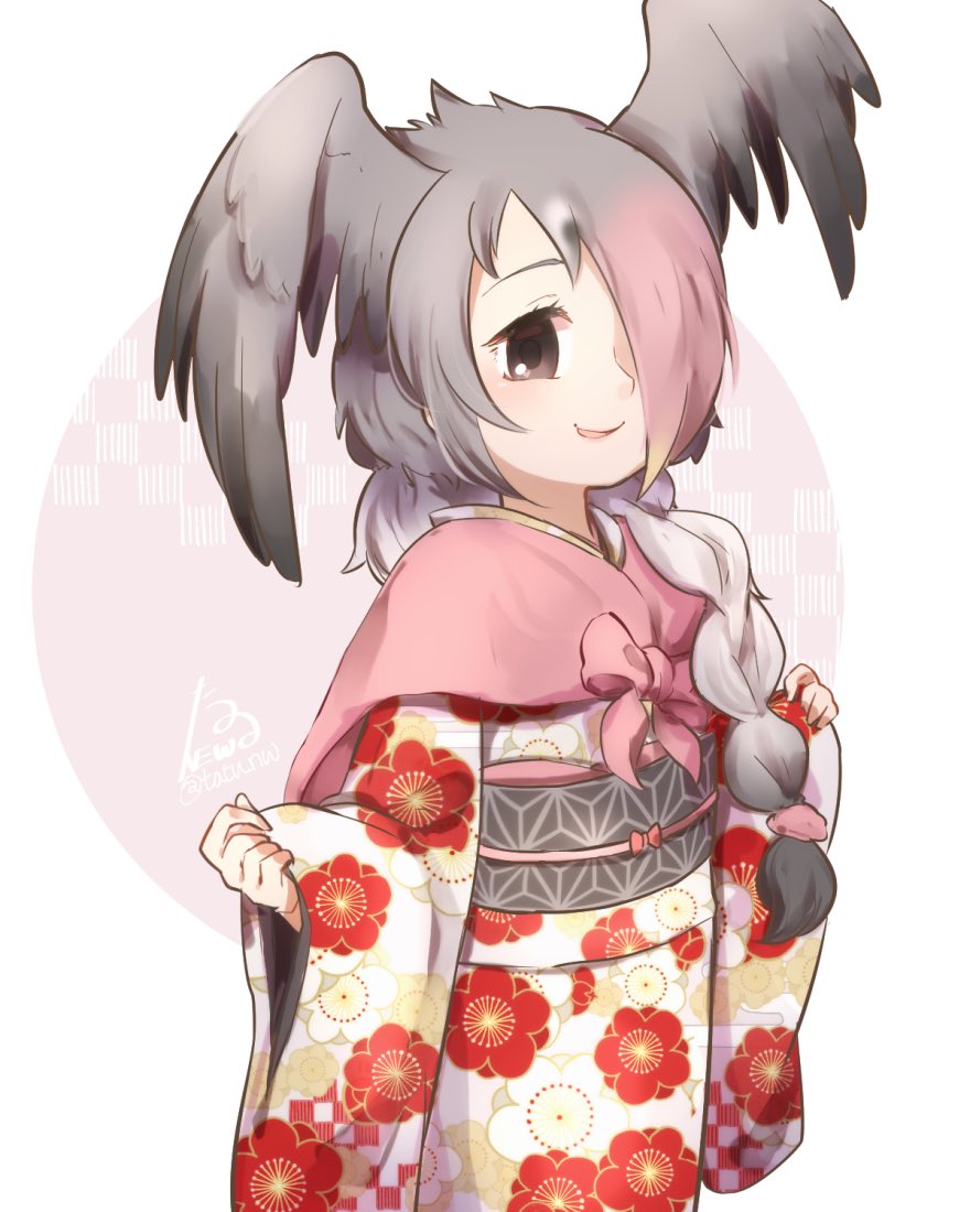 1girl, adapted_costume, bird_wings, bow, braid, cloak, commentary_request, floral_print