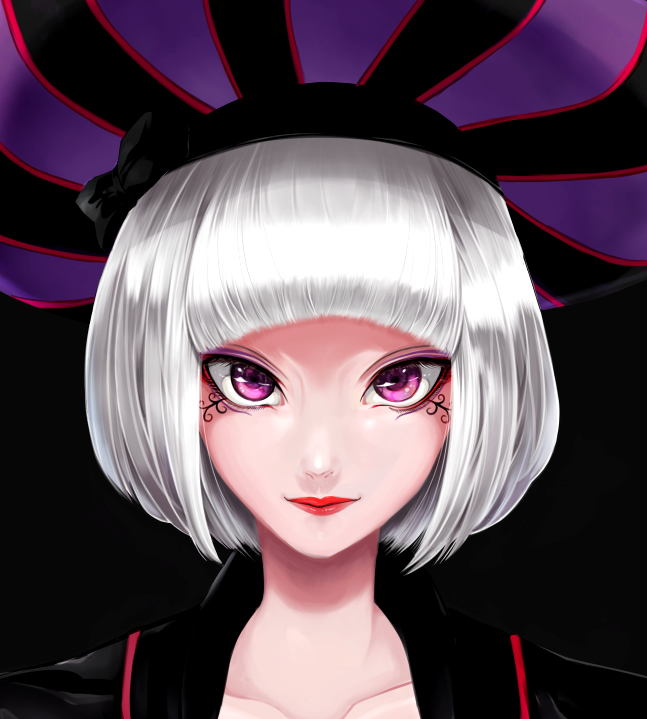 1girl, bangs, black_background, bob_cut, disney, disneyland, eyelashes, eyeliner, eyeshadow, facial_tattoo, hat, light_smile, lipstick, looking_at_viewer, makeup, marimo_(yousei_ranbu), nose, portrait, recruiters_(disney), short_hair, silver_hair, smile, solo, tattoo, the_hunchback_of_notre_dame, tsurime, veil_(disney)