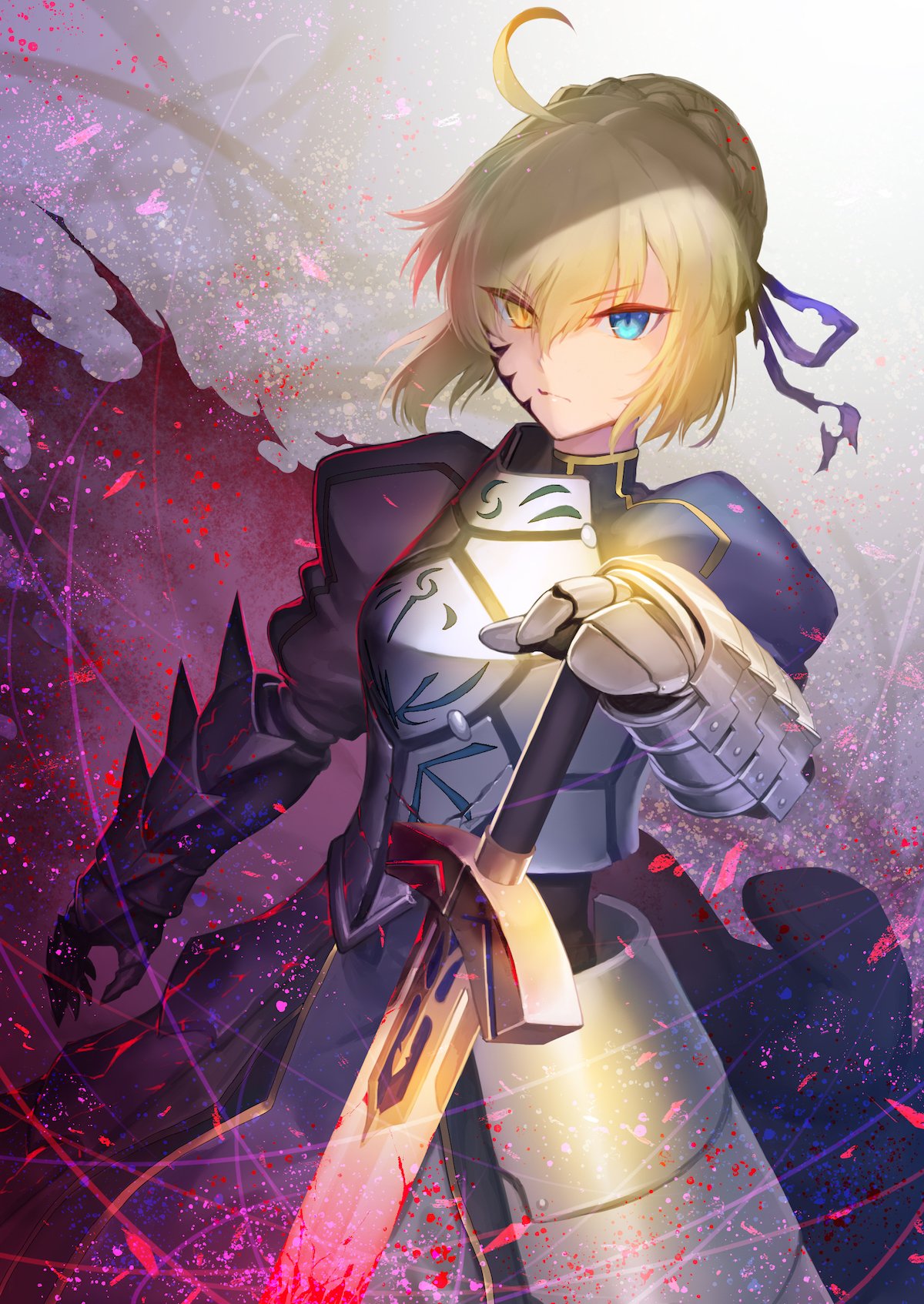 1girl, ahoge, armor, armored_dress, artoria_pendragon_(all), blonde_hair, blue_eyes, blue_ribbon, braid, closed_mouth, commentary_request, dark_persona, excalibur, eyebrows_visible_through_hair, fate/grand_order, fate_(series), faulds, french_braid, gauntlets, hair_between_eyes, hair_bun, hair_ribbon, highres, holding, holding_sword, holding_weapon, light_persona, looking_at_viewer, nkmr8, puffy_sleeves, ribbon, saber, saber_alter, sword, torn_ribbon, weapon, yellow_eyes