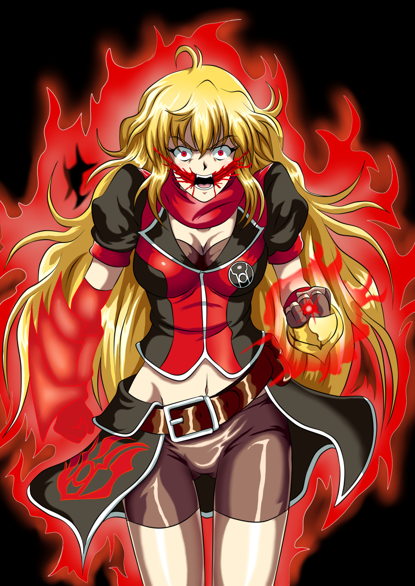 1girl, absurdres, ahoge, aura, belt, black_background, black_gloves, black_shorts