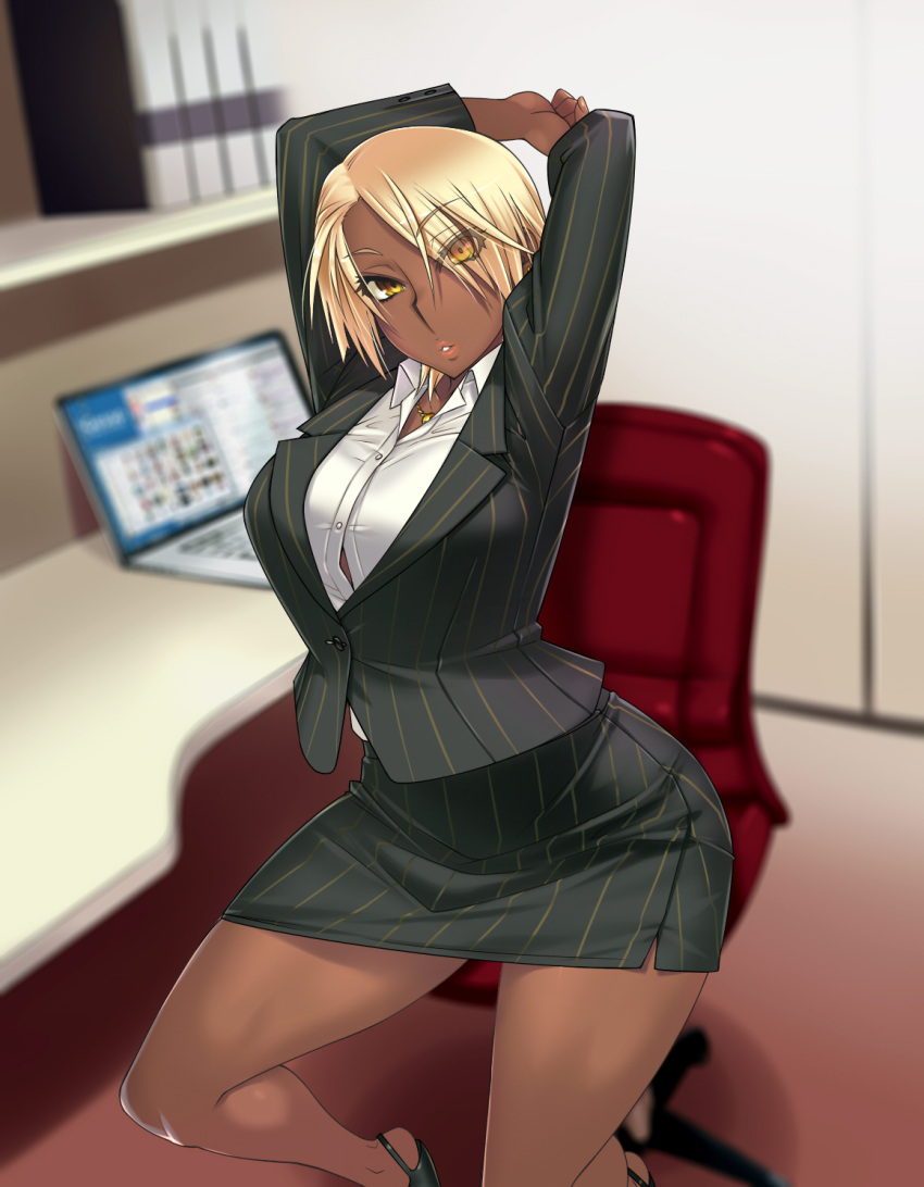 1girl, arms_behind_head, blonde_hair, breasts, business_suit, collared_shirt, dark_skin, formal