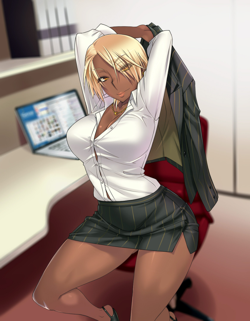 1girl, arms_behind_head, blonde_hair, breasts, business_suit, collared_shirt, dark_skin, eyes_visible_through_hair