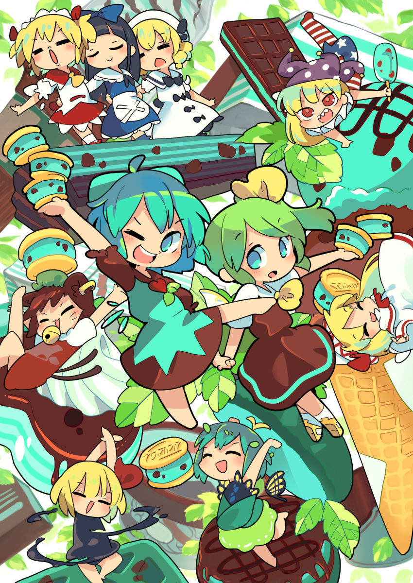 6+girls, ;d, ^_^, alternate_color, arms_up, chen, chibi, chocolate