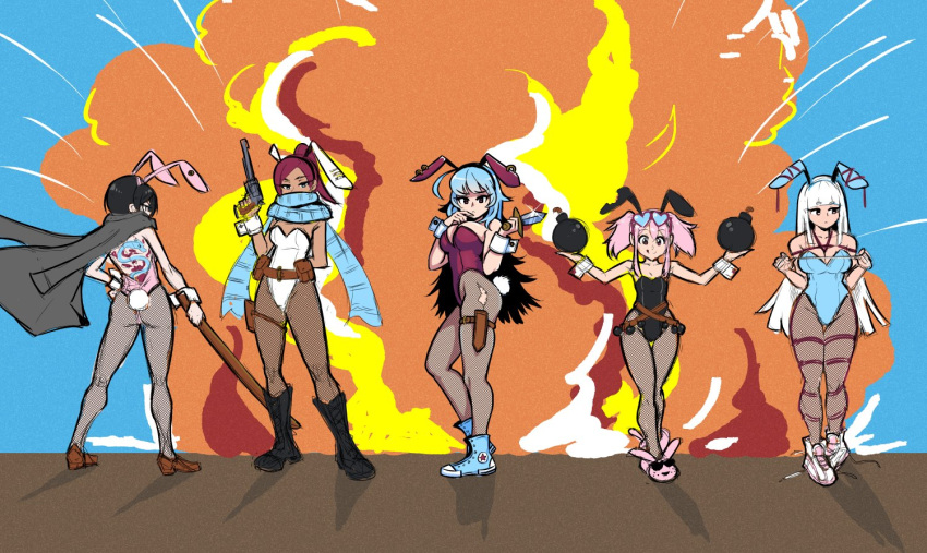 5girls, akairiot, animal_ears, animal_slippers, arm_behind_back, back_tattoo, bangs, belt