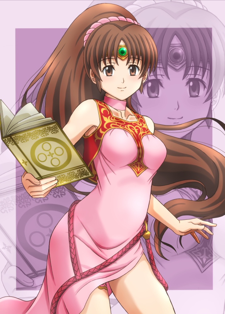1girl, book, breasts, brown_eyes, brown_hair, circlet, collarbone, commentary_request