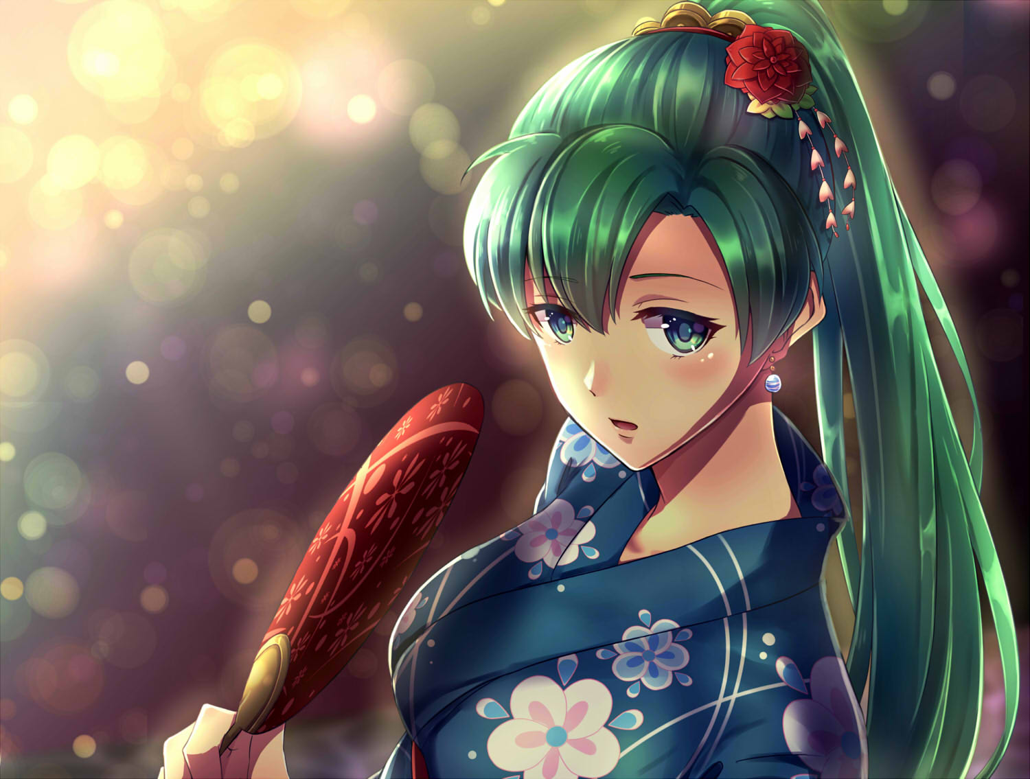 1girl, blue_kimono, blush, collarbone, earrings, fan, festival, fire_emblem