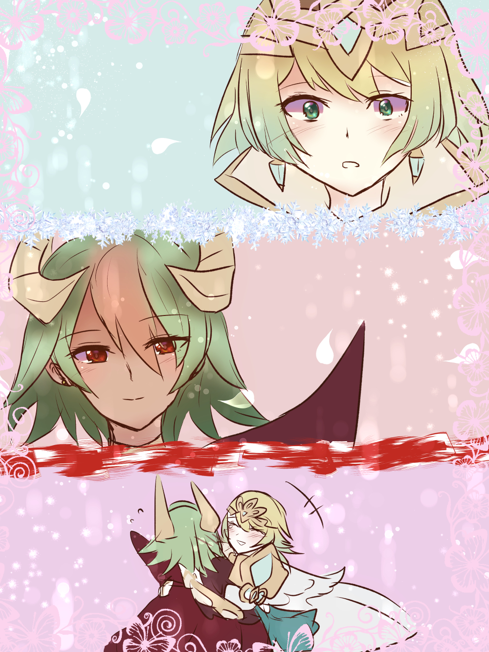 2girls, 3koma, blonde_hair, blue_background, blue_eyes, blush, comic, commentary_request