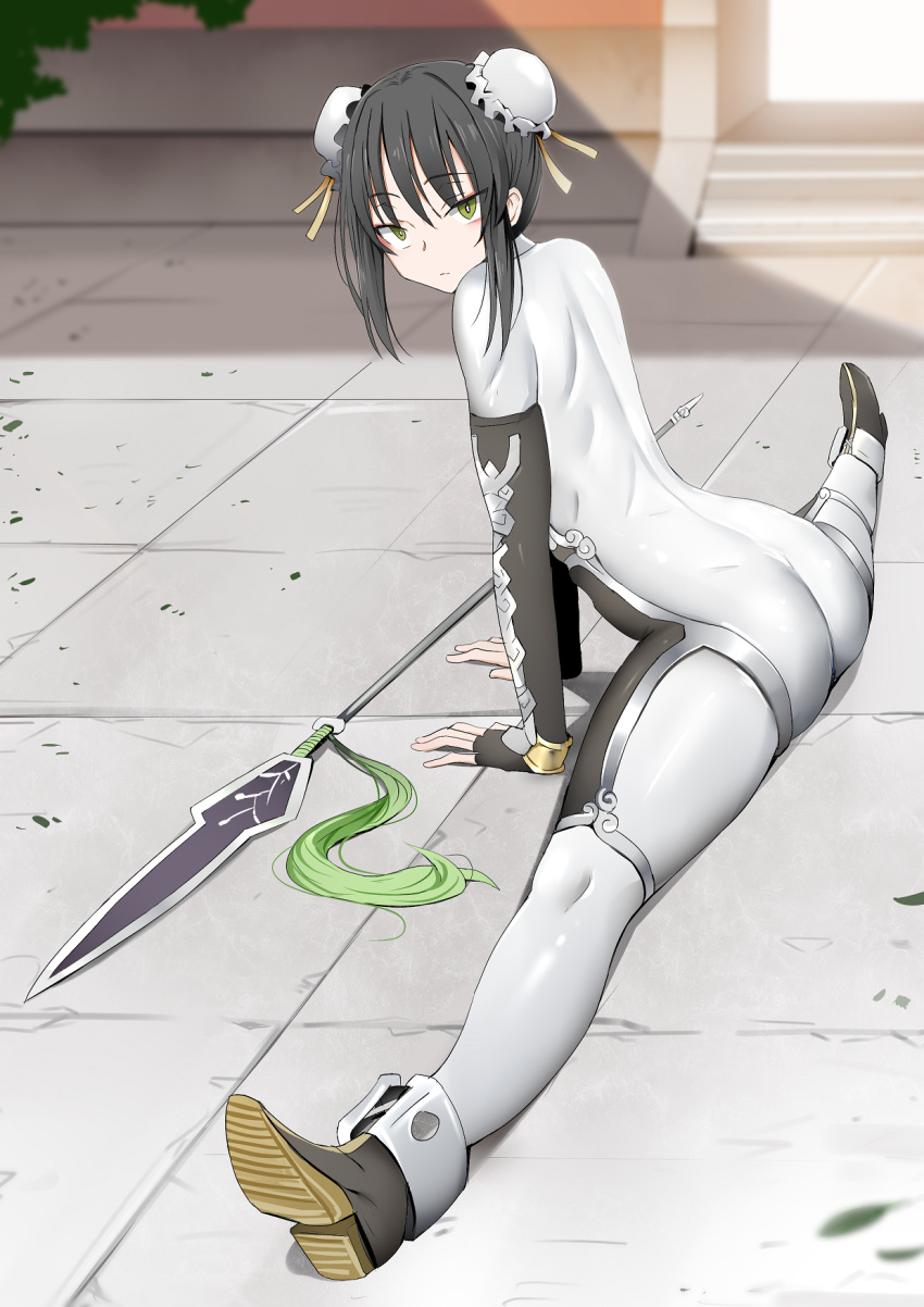 1girl, ankle_boots, arm_support, ass, bangs, black_footwear, black_gloves, black_hair, blurry, bodysuit, boots, bright_pupils, bun_cover, commentary_request, day, depth_of_field, expressionless, eyebrows_visible_through_hair, fate/grand_order, fate_(series), fingerless_gloves, foreshortening, from_side, gloves, green_eyes, highres, leaning_forward, looking_at_viewer, looking_to_the_side, on_floor, outdoors, polearm, qin_liangyu_(fate), ryu_jiao, sanpaku, short_hair_with_long_locks, sidelocks, solo, spear, split, tsurime, weapon, white_bodysuit