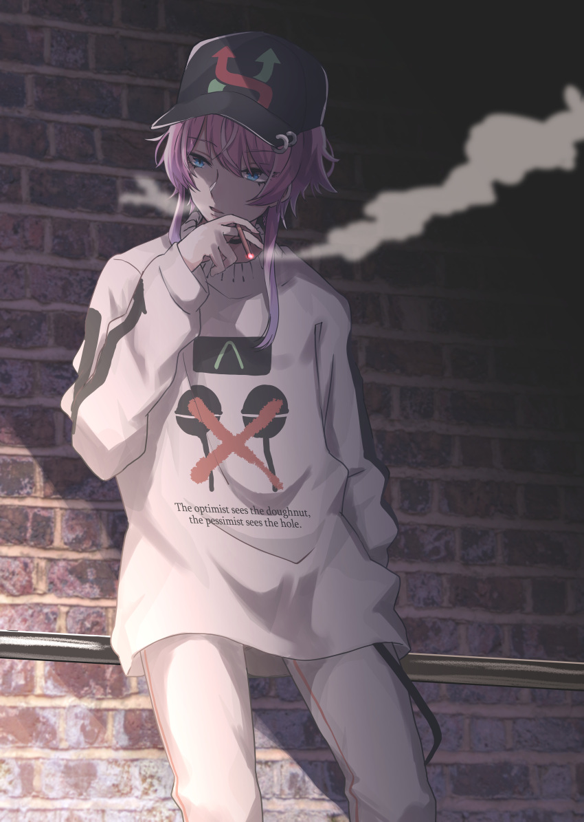 1boy, absurdres, against_railing, amemura_ramuda, arm_at_side, bangs, baseball_cap, between_fingers, black_hat, blue_eyes, brick_wall, cigarette, clothes_writing, commentary_request, cowboy_shot, day, english_text, eyebrows_visible_through_hair, greatpengh, grey_pants, grey_sweater, hair_between_eyes, hat, highres, holding, holding_cigarette, huge_filesize, hypnosis_mic, looking_away, looking_to_the_side, male_focus, outdoors, pants, parted_lips, pink_hair, short_hair_with_long_locks, sidelocks, smoke, smoking, solo, sunlight, sweater