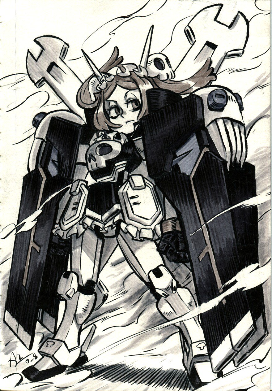 1girl, alex_ahad, bags_under_eyes, bangs, bloody_marie_(skullgirls), clenched_hands, crossbone_gundam, crossbone_gundam_x-1