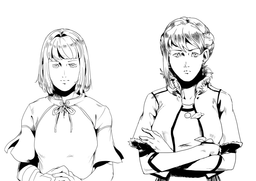 breasts, commentary_request, drag-on_dragoon, drag-on_dragoon_2, earrings, eris_(drag-on_dragoon_2), expressionless, fur_trim, jacket, jewelry, manah, medium_hair, monochrome, multiple_girls, short_hair