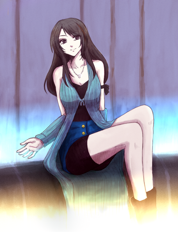 1girl, arm_warmers, black_eyes, black_hair, black_ribbon, breasts, cleavage, commentary_request, denim, denim_skirt, final_fantasy, final_fantasy_viii, jewelry, long_hair, necklace, rabihiko, ribbon, rinoa_heartilly, skirt, sleeveless, sleeveless_duster, smile, solo, undershirt