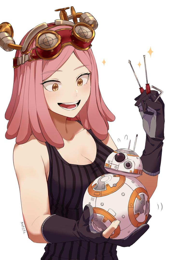 1girl, bb-8, blush, boku_no_hero_academia, crosshair_pupils, crossover, eyebrows_visible_through_hair, gloves