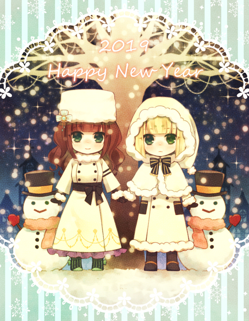 2girls, blonde_hair, brown_hair, building, cardia_beckford, character_request, closed_mouth, coat