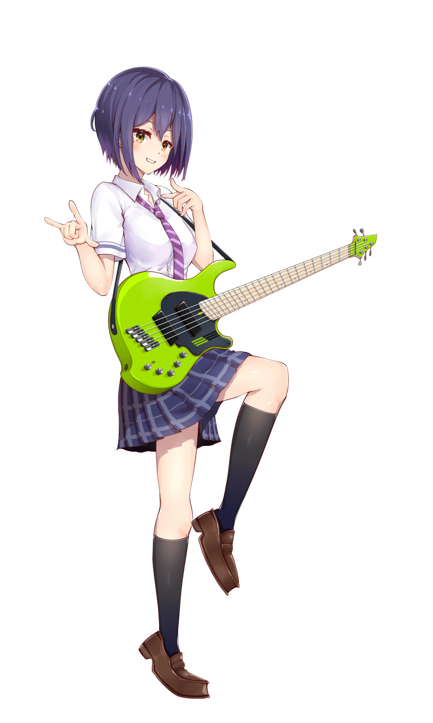 1girl, absurdres, black_legwear, blue_skirt, blush, brown_footwear, electric_guitar, full_body