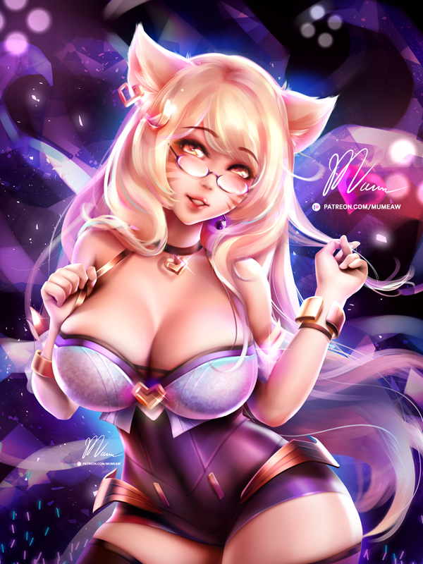 1girl, ahri, animal_ears, ass, bare_shoulders, blonde_hair, breasts, earrings, eyebrows_visible_through_hair, fox_ears, fox_girl, fox_tail, glasses, hair_between_eyes, heart, jewelry, k/da_(league_of_legends), k/da_ahri, large_breasts, league_of_legends, long_hair, looking_at_viewer, mumeaw, open_mouth, short_sleeves, signature, simple_background, solo, standing, tail, thicc, thigh-highs, upper_body, yellow_eyes