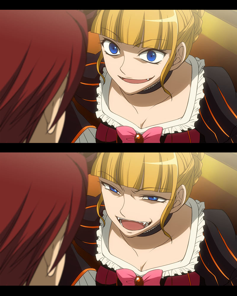 blonde_hair, blue_eyes, choker, dress, fake_screenshot, fang, frills, ribbon
