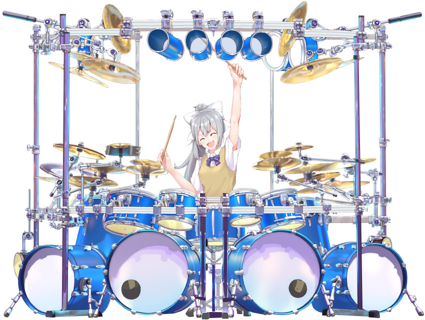 1girl, :d, absurdres, arms_up, bass_drum, blush, bow, closed_eyes