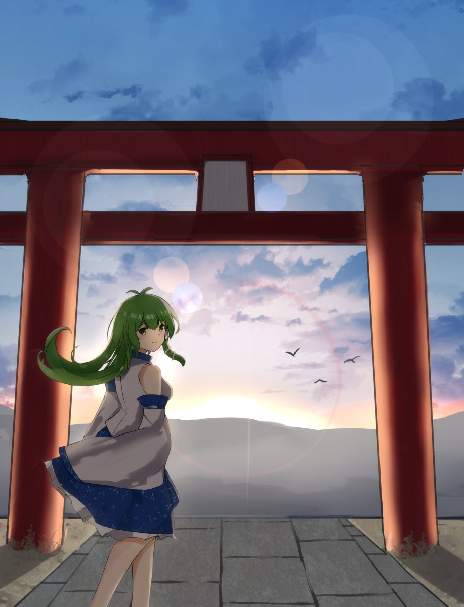 1girl, ahoge, bare_shoulders, birds, blue_skirt, clouds, detached_sleeves, entrance