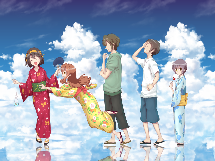 2boys, 3girls, :d, animal_print, asahina_mikuru, bag, bagged_fish, blue_kimono