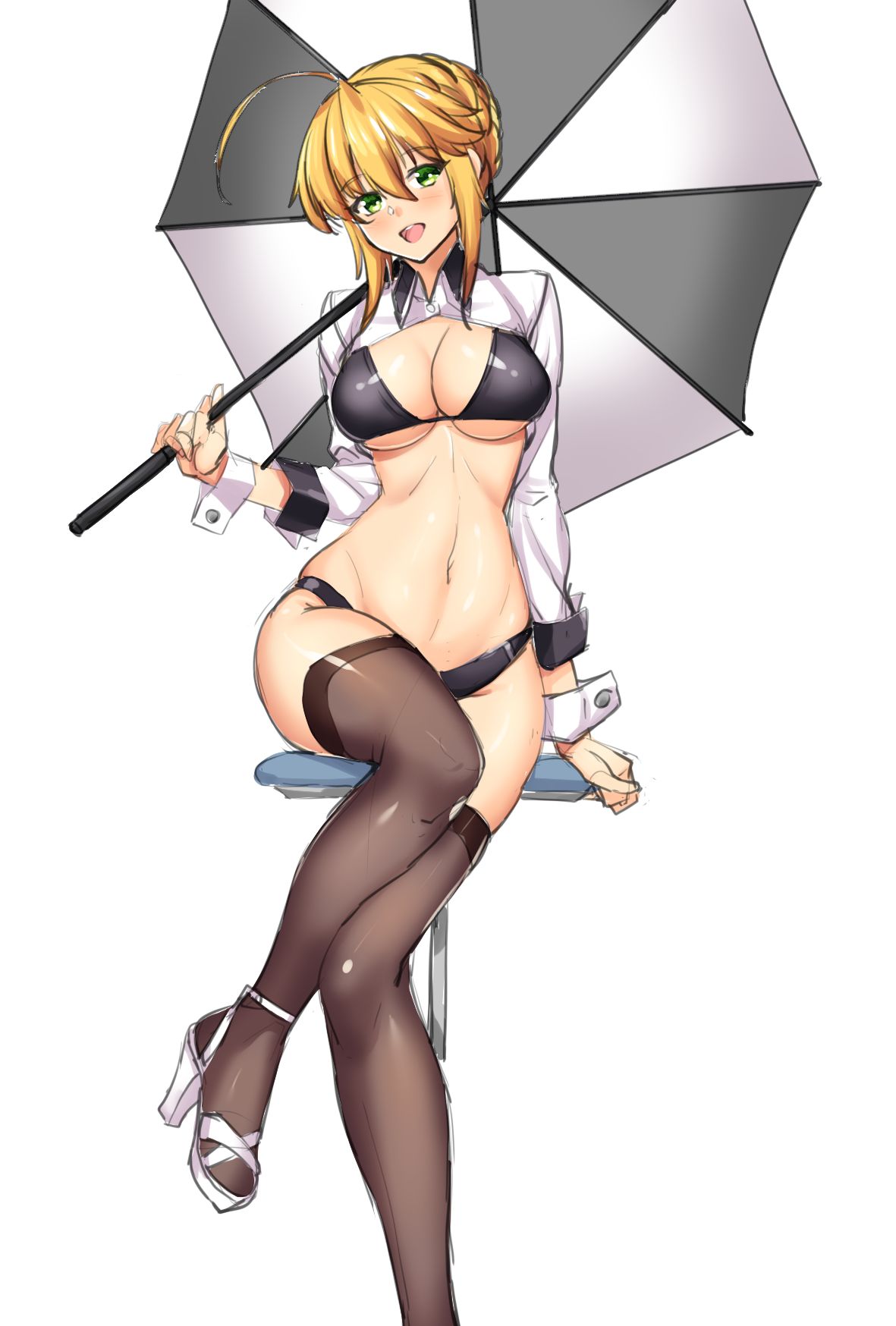 ahoge, alternate_costume, artoria_pendragon_(all), artoria_pendragon_(lancer), atago_(azur_lane), atago_(azur_lane)_(cosplay), bangs, bikini