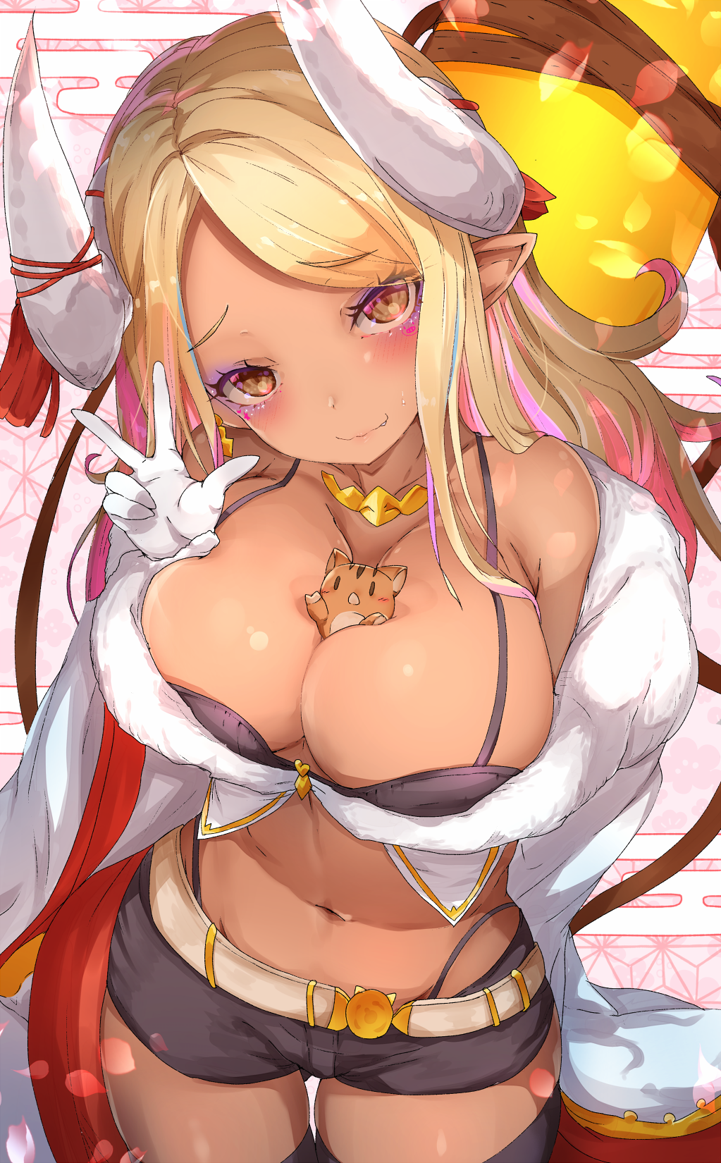 1girl, animal, animal_between_breasts, bangs, bare_shoulders, between_breasts, black_legwear, black_shorts